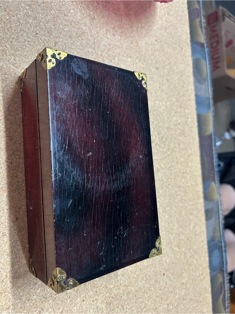 Antique-Style Wooden Jewelry Box with Brass Corner Accents - Dark Mahogany